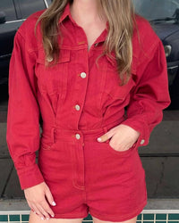 LE LIS Long Sleeve Collared Romper in crimson - women's pants - detail view