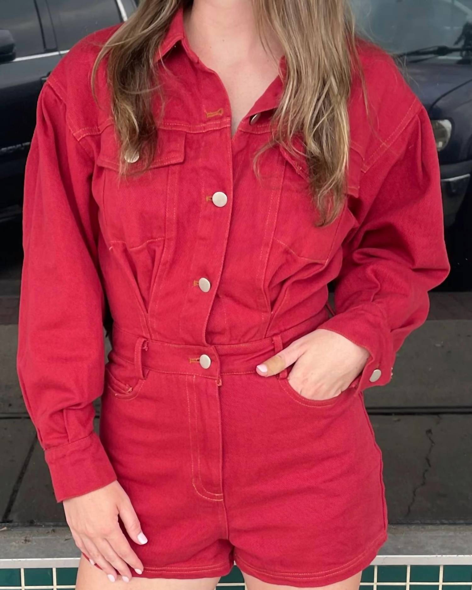 LE LIS Long Sleeve Collared Romper in crimson - women's pants - detail view