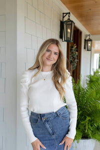 LUMIERE Elegant Puff Sleeve Knit Sweater in white - women's sweater