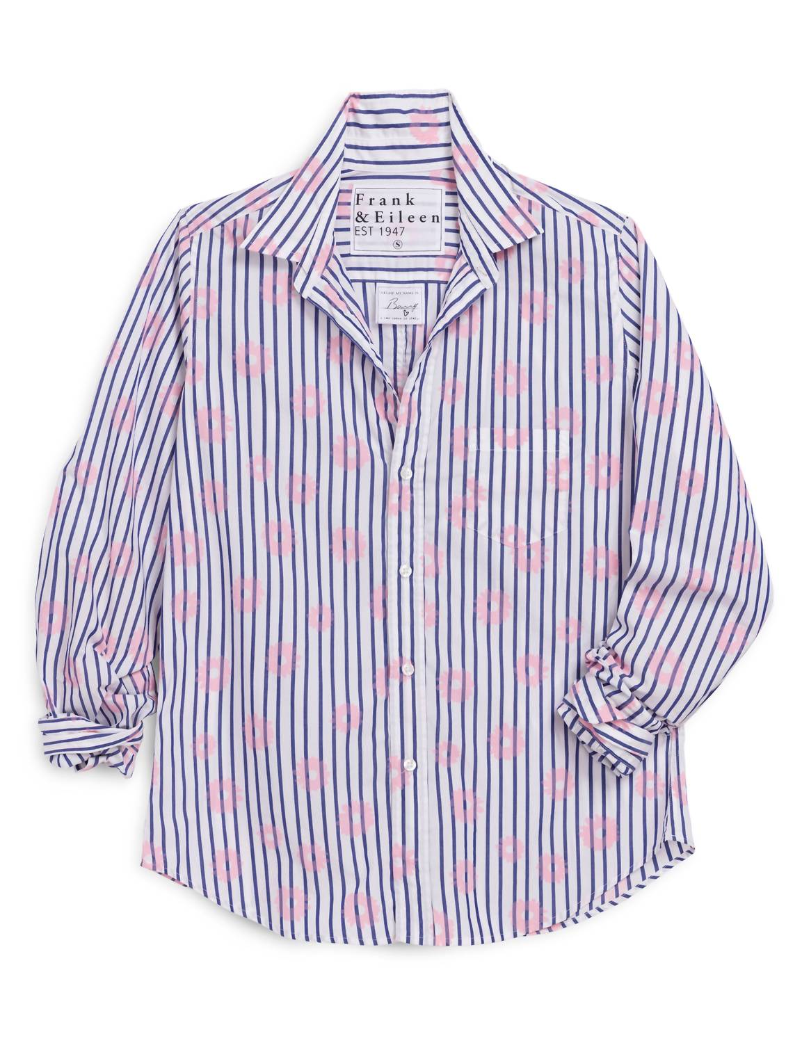 Frank & Eileen Women's Barry Tailored Button Up Shirt in pink flowers blue stripe - women's blouse