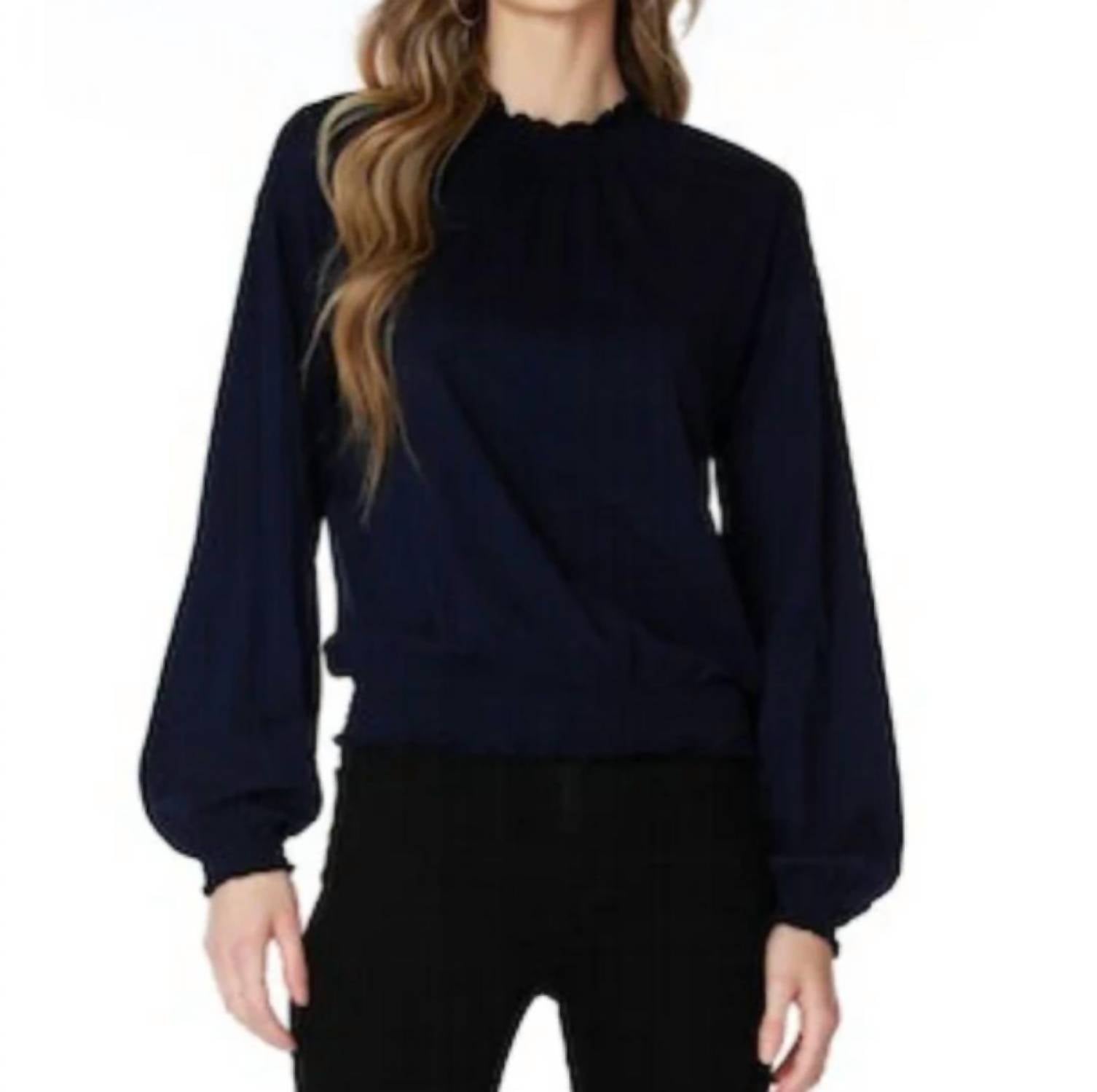 Bobi - Smocked Shirred Turtleneck Long Sleeve Tee