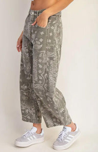Peace Love Line - Maggie Mineral Washed Paisley Printed Barrel Jeans