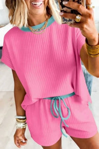 Shewin - Soft Ribbed Color Block Trim Casual Short Set