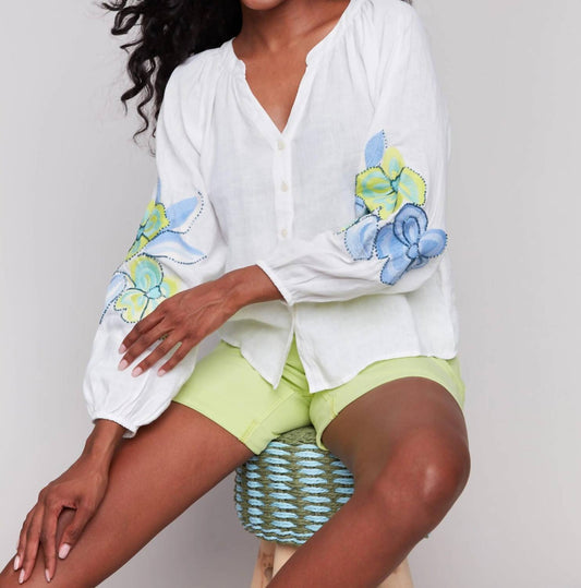 Charlie B - Cotton-linen Button Front Blouse With Embroidery