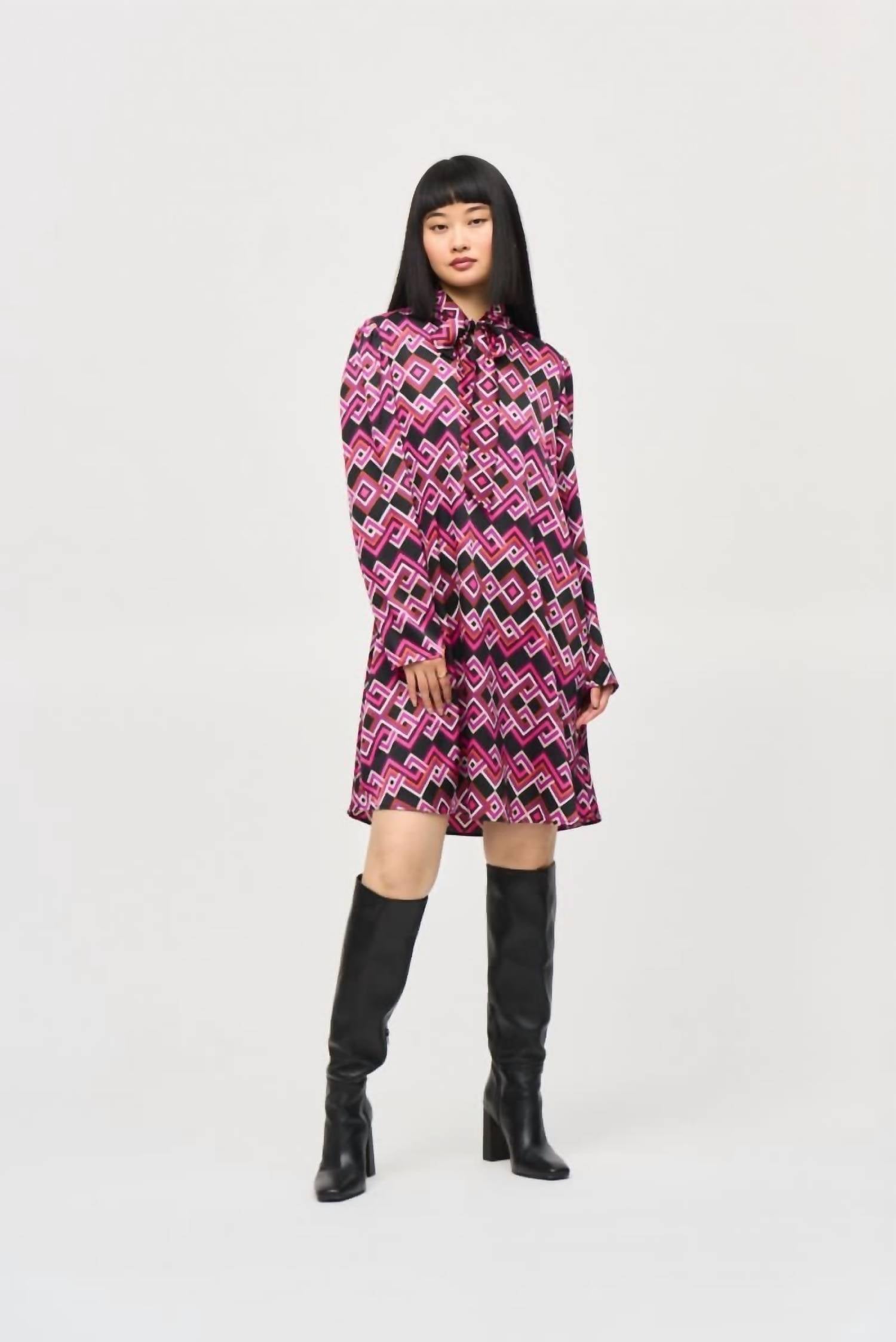 Joseph Ribkoff - Geometric Pussy Bow Satin Shift Dress