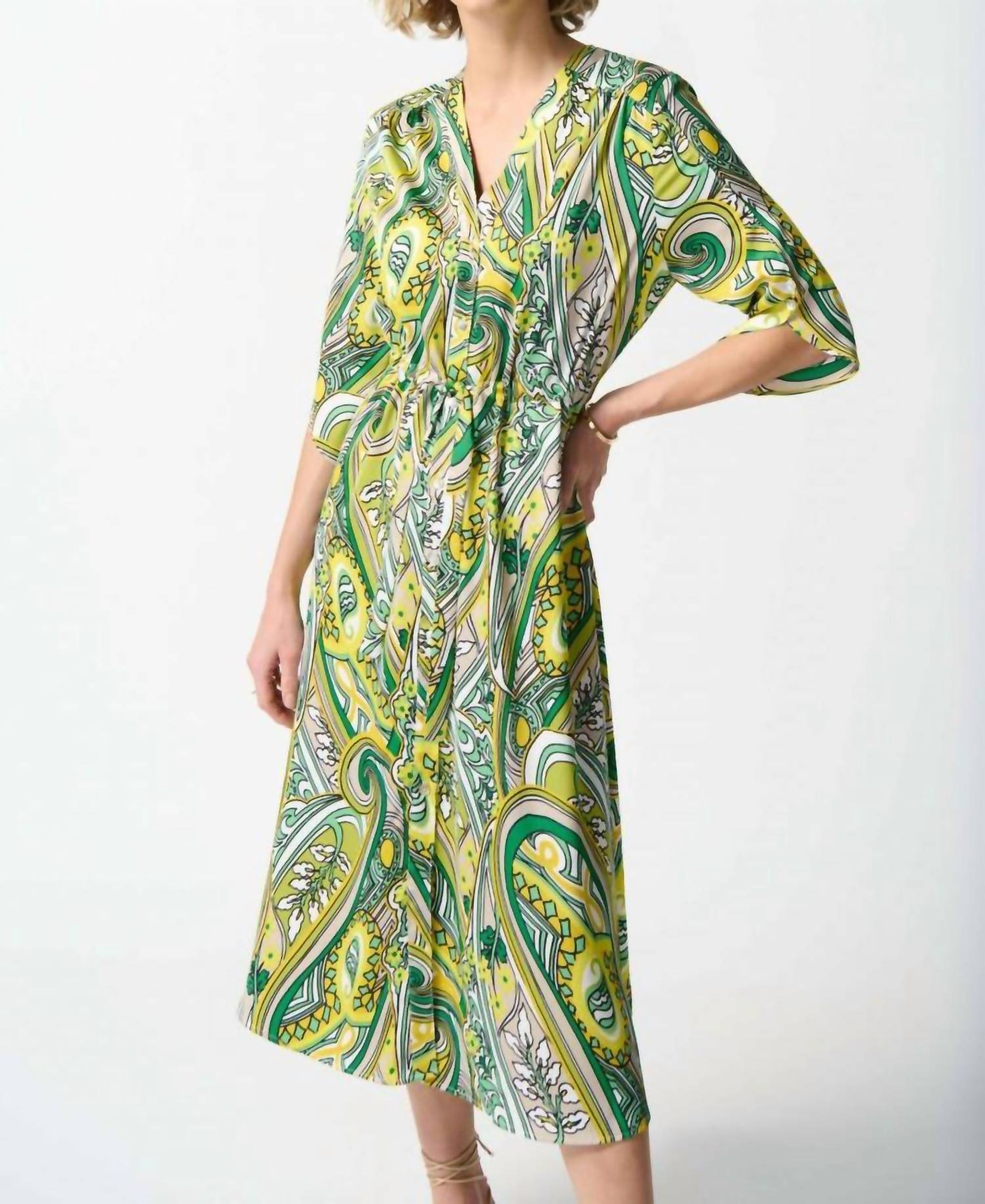 Joseph Ribkoff - Paisley Print Waist Tie Satin Midi Shirt Dress