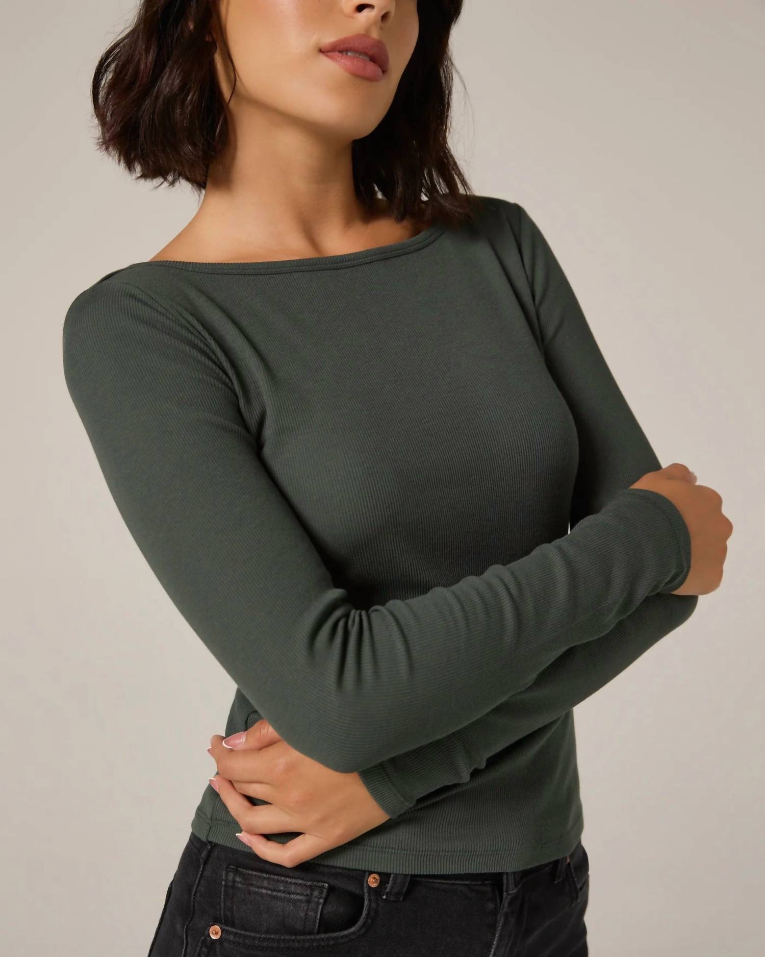 7Diamonds Modal Ribbed Boatneck Top in emerald - women's long sleeve top - alternate view
