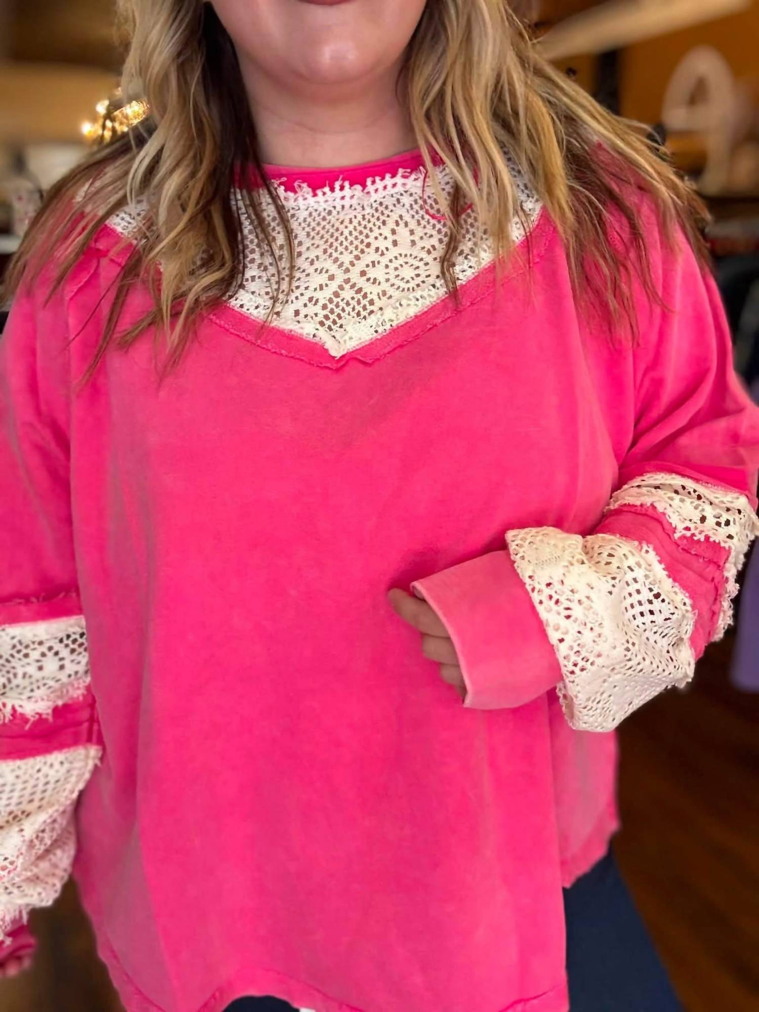 White Birch - Crochet Lace Long Sleeve Top - Plus