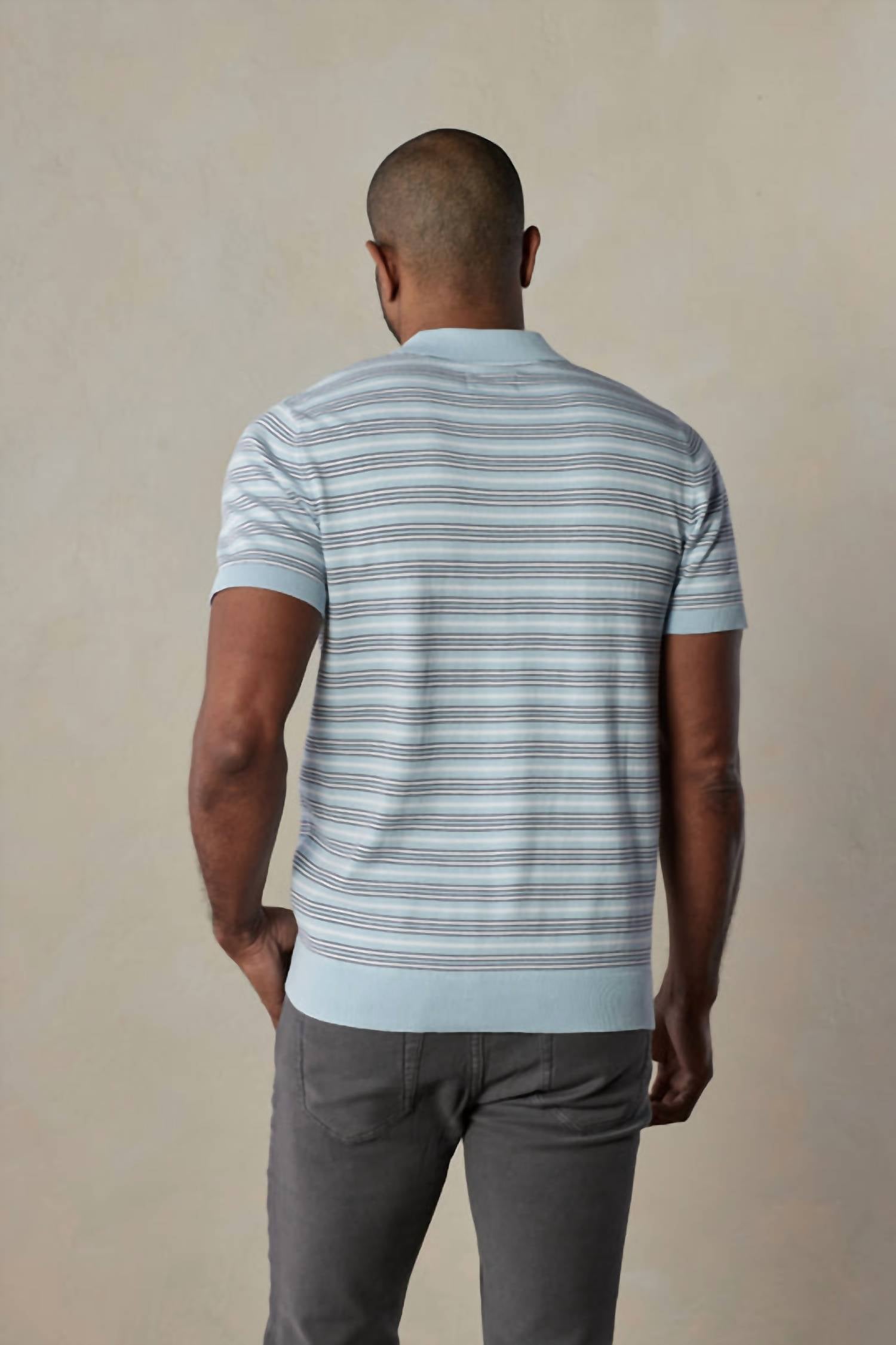 The Normal Brand Robles Striped Polo in clear sky stripe - men's shirt - detail view