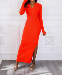 Surelymine - Collar Ribbed Long Sleeves Maxi Dress