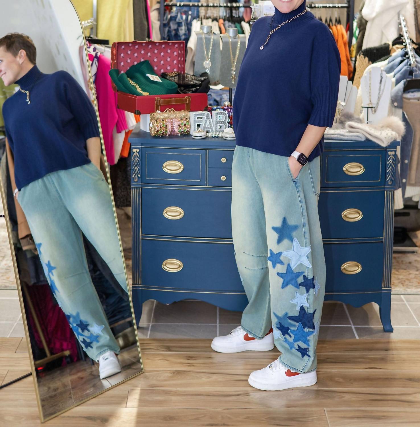 Easel - Starstruck Patchwork Barrel Jeans