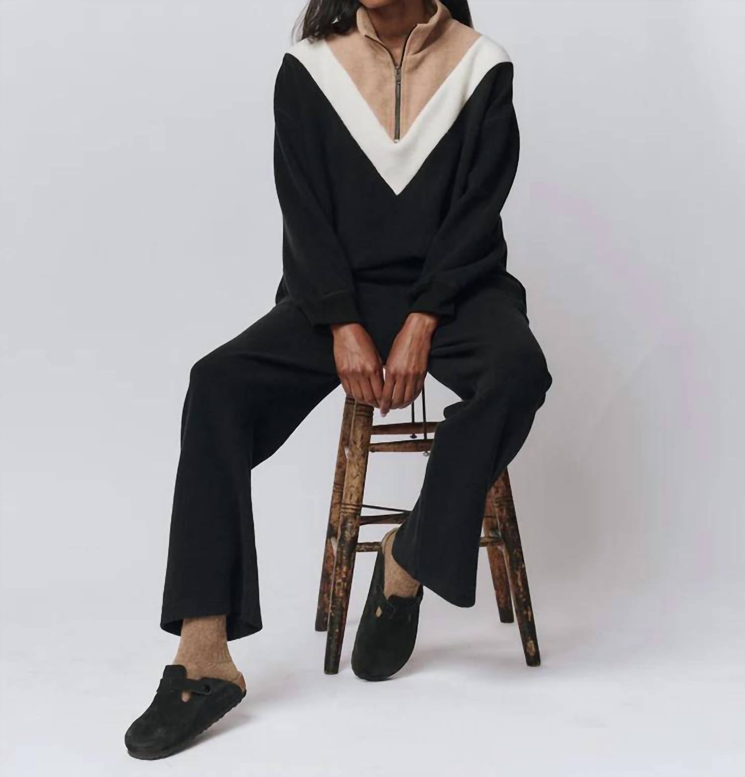 THE GREAT. The Colorblock Plush Chalet Sweatshirt in black - women's top - view 4