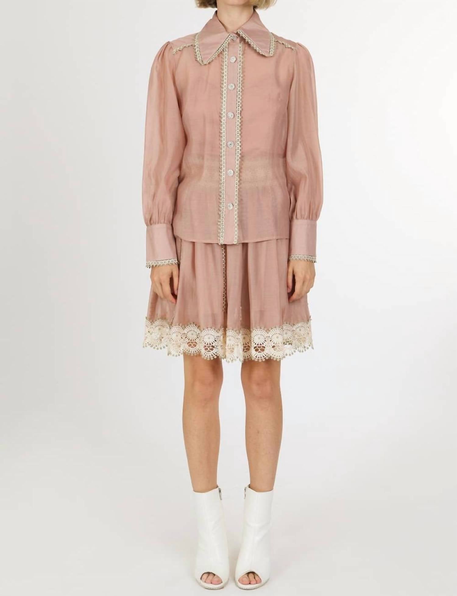 Beulahstyle - Lace Trim Detail Chiffon Shirt & Mini Skirt Set