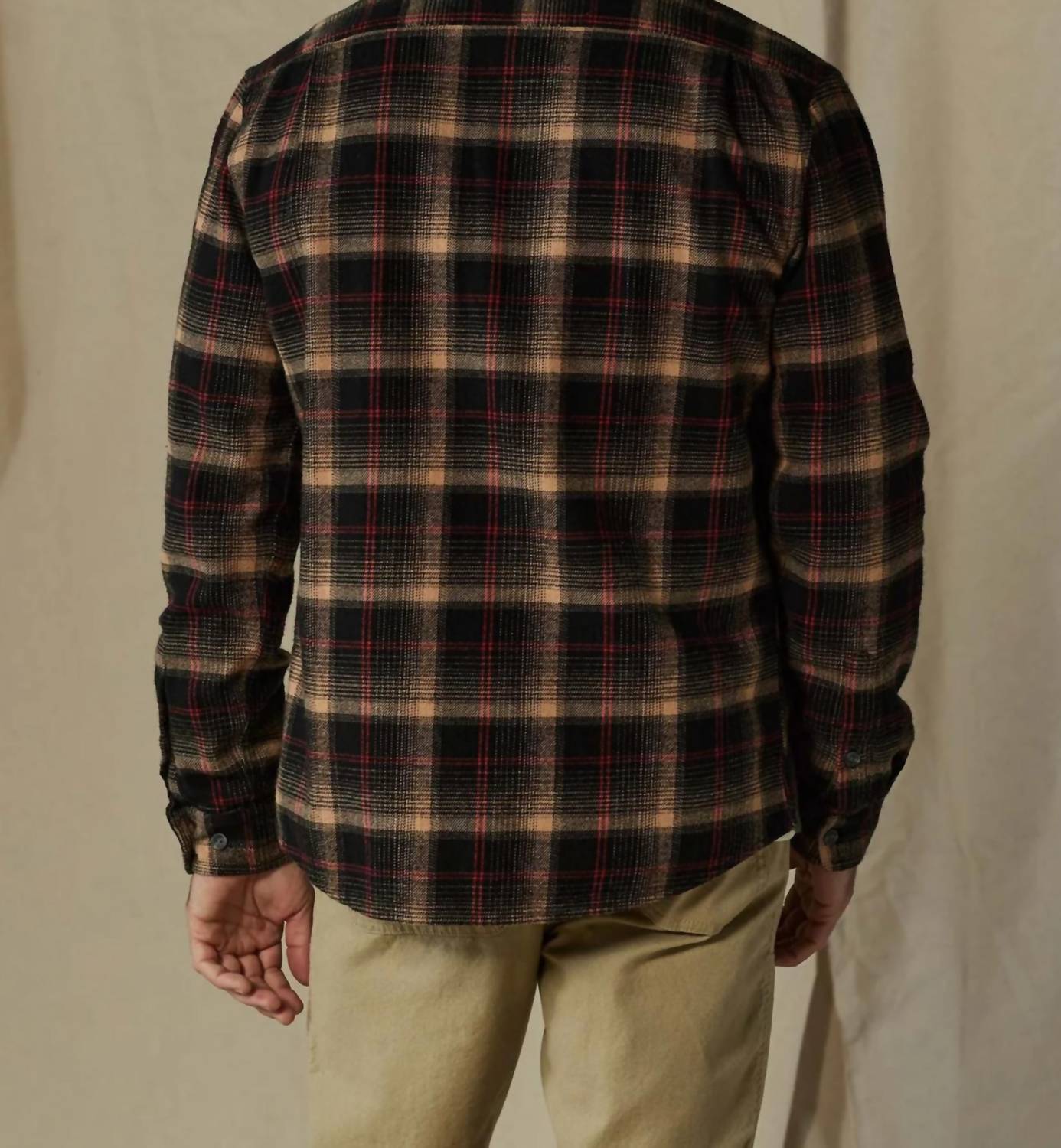 The Normal Brand Louis Heavyweight Flannel Shirt in black plaid - men's shirt - detail view