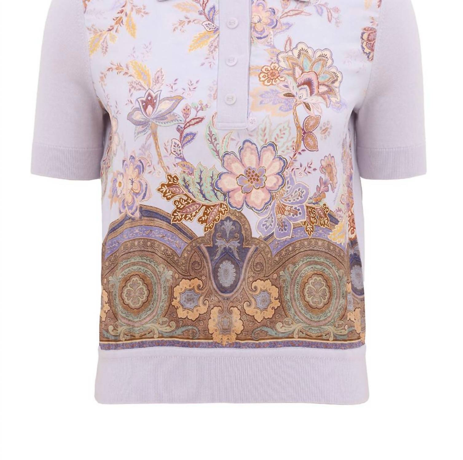 Zimmermann Luna Printed Silk Polo Top in lilac print - women's t-shirt - alternate view