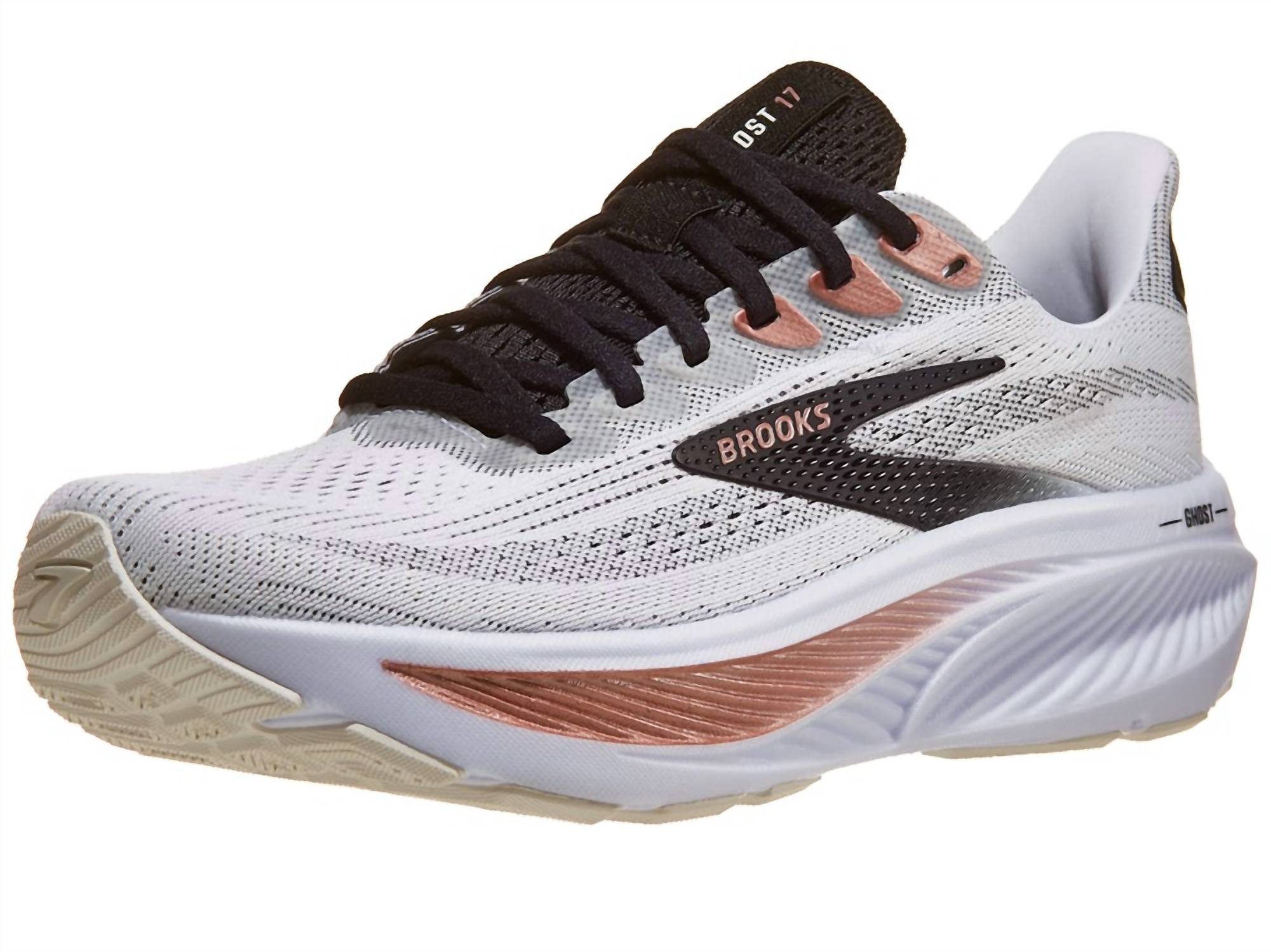 BROOKS Women's Ghost 17 Sneaker in white black rose gold - women's sneaker - detail view
