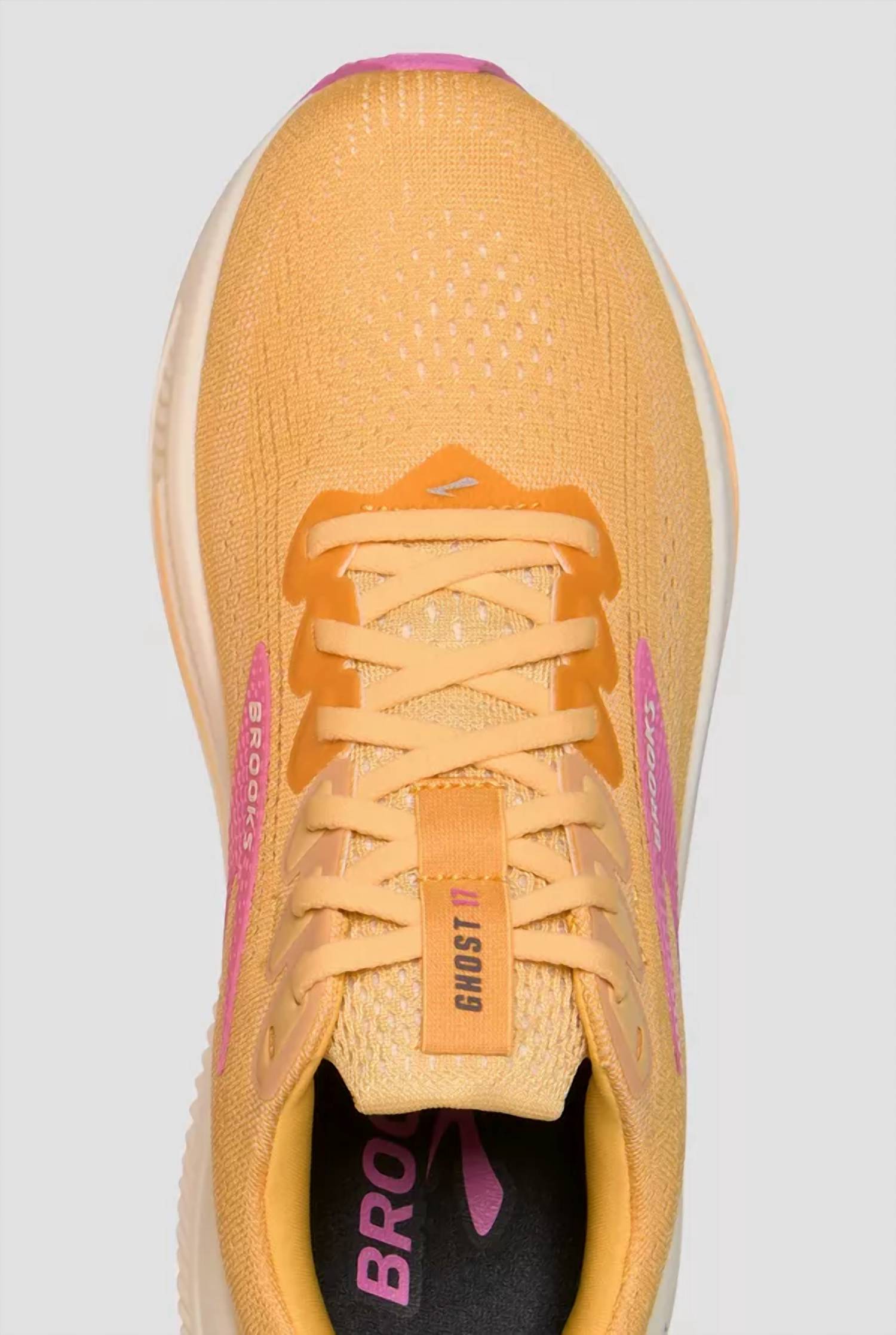 BROOKS Women's Ghost 17 Running Shoe in 810 apricot grey pink - women's shoe - detail view