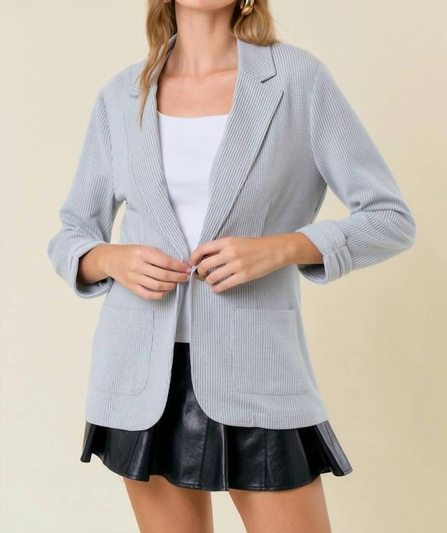 Doe and Rae Shirred Sleeve Textured Blazer in grey - women's jacket