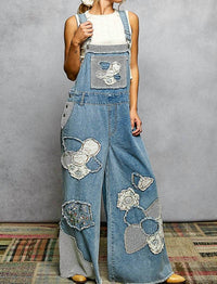 Pol - Embroidery Patchwork Buckle Back Woven Denim Overalls