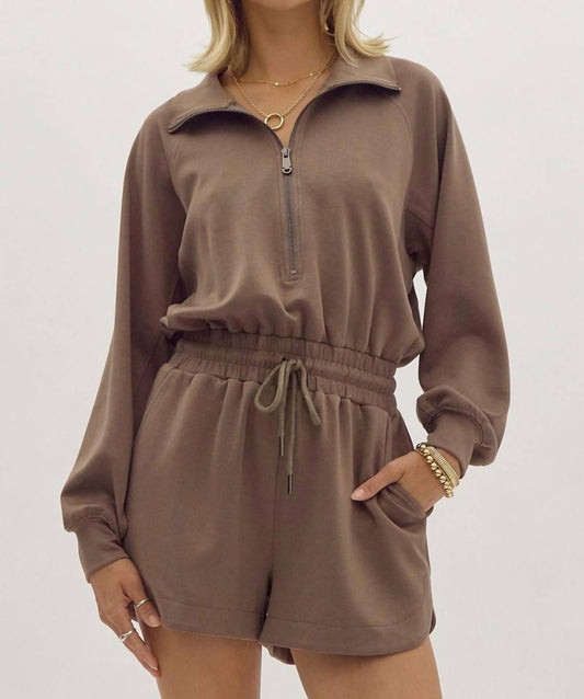 Entro - Zip Collar Drawstring Waist Romper