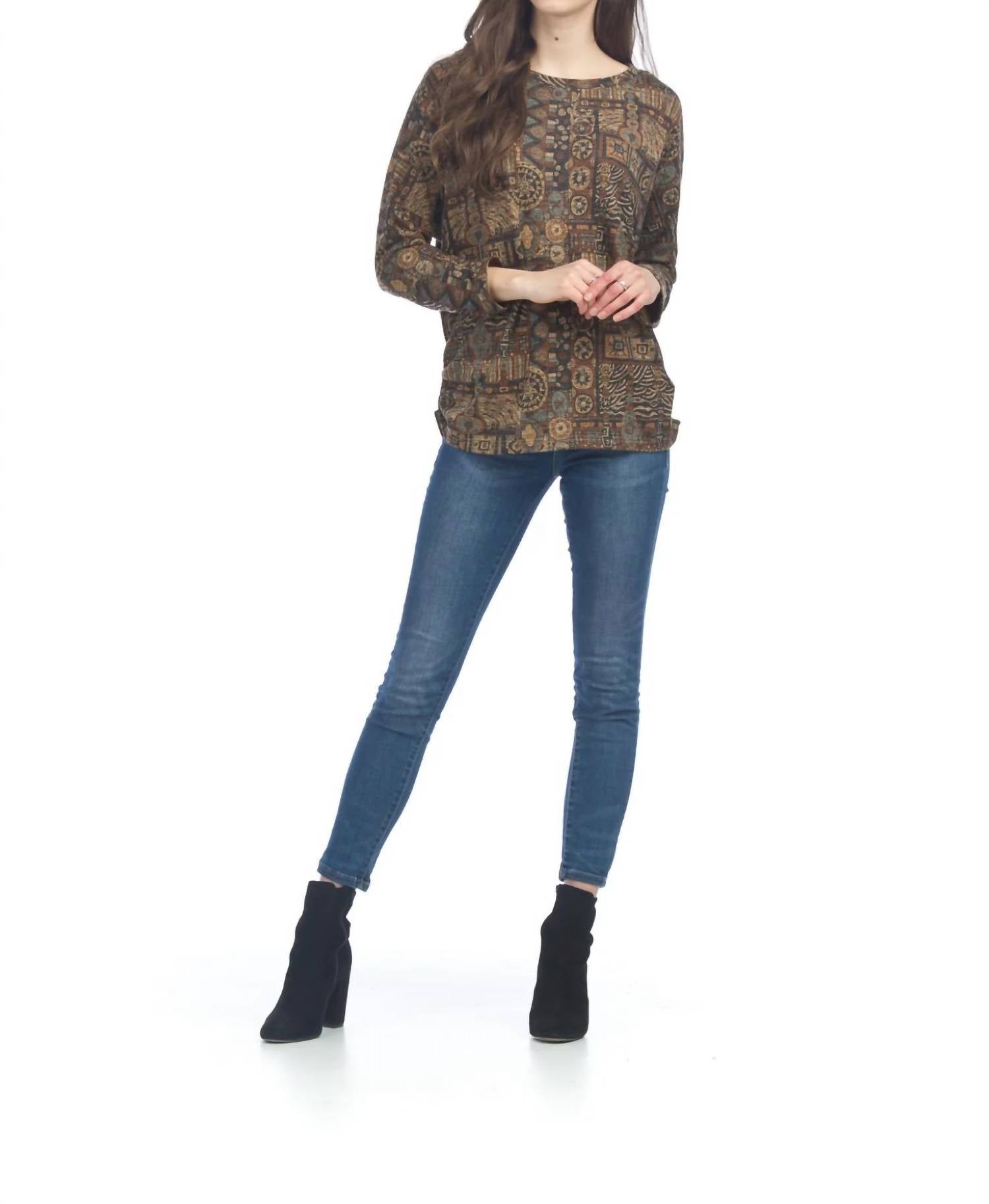 Papillon - Global Print Sweater Top with Ruching Side
