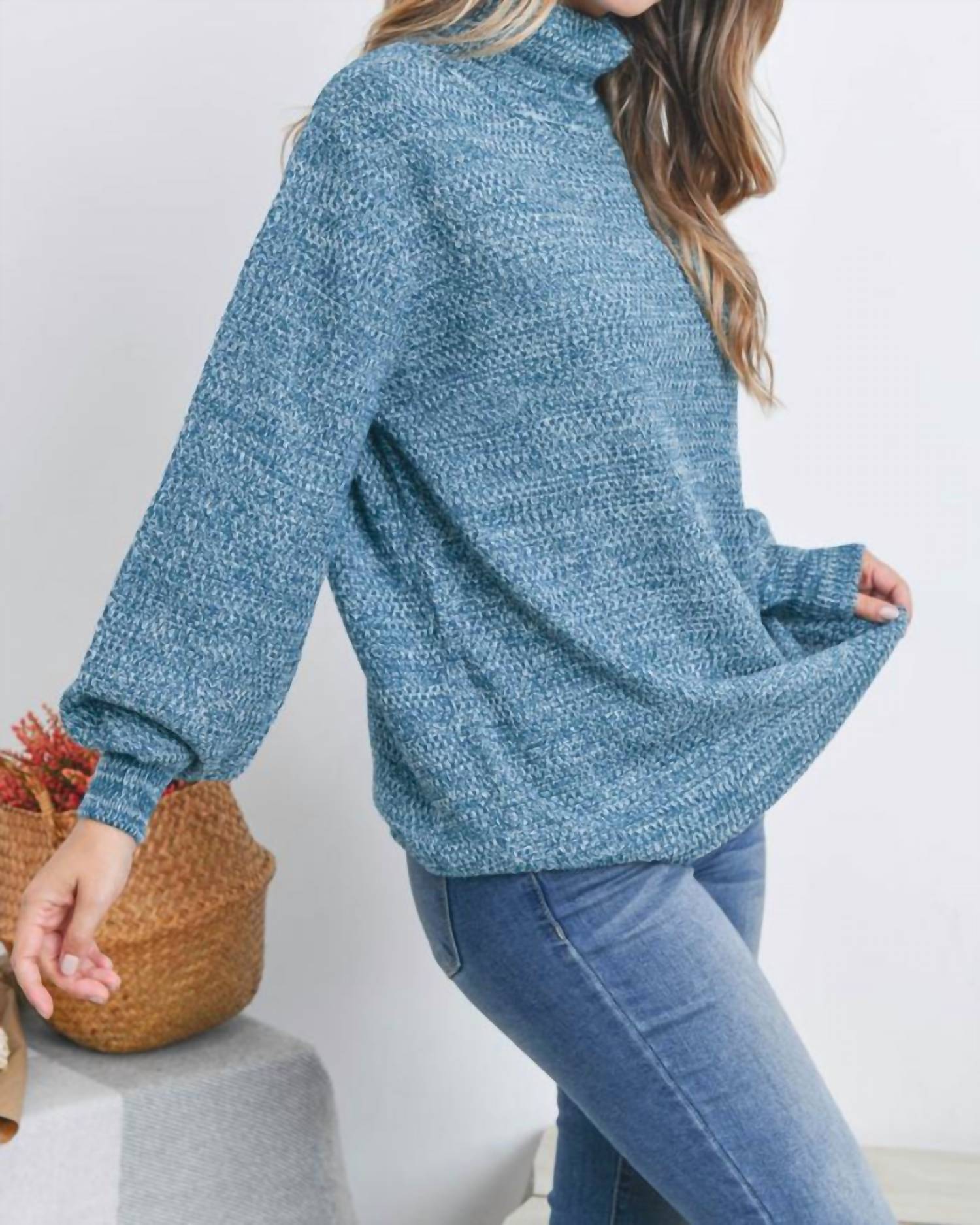 Zenana - Turtleneck Melange Balloon Sleeve Sweater