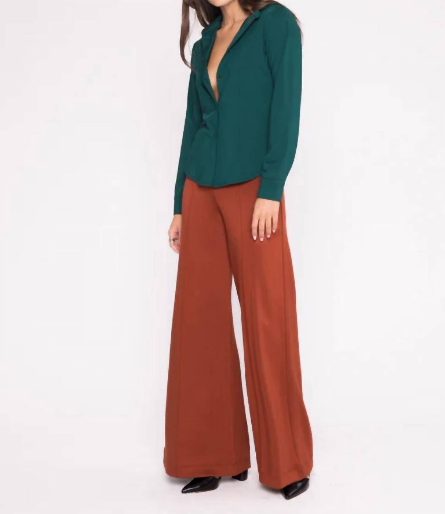 RIPLEY RADER Jersey Button Down Top in pine - women's long sleeve top - detail view