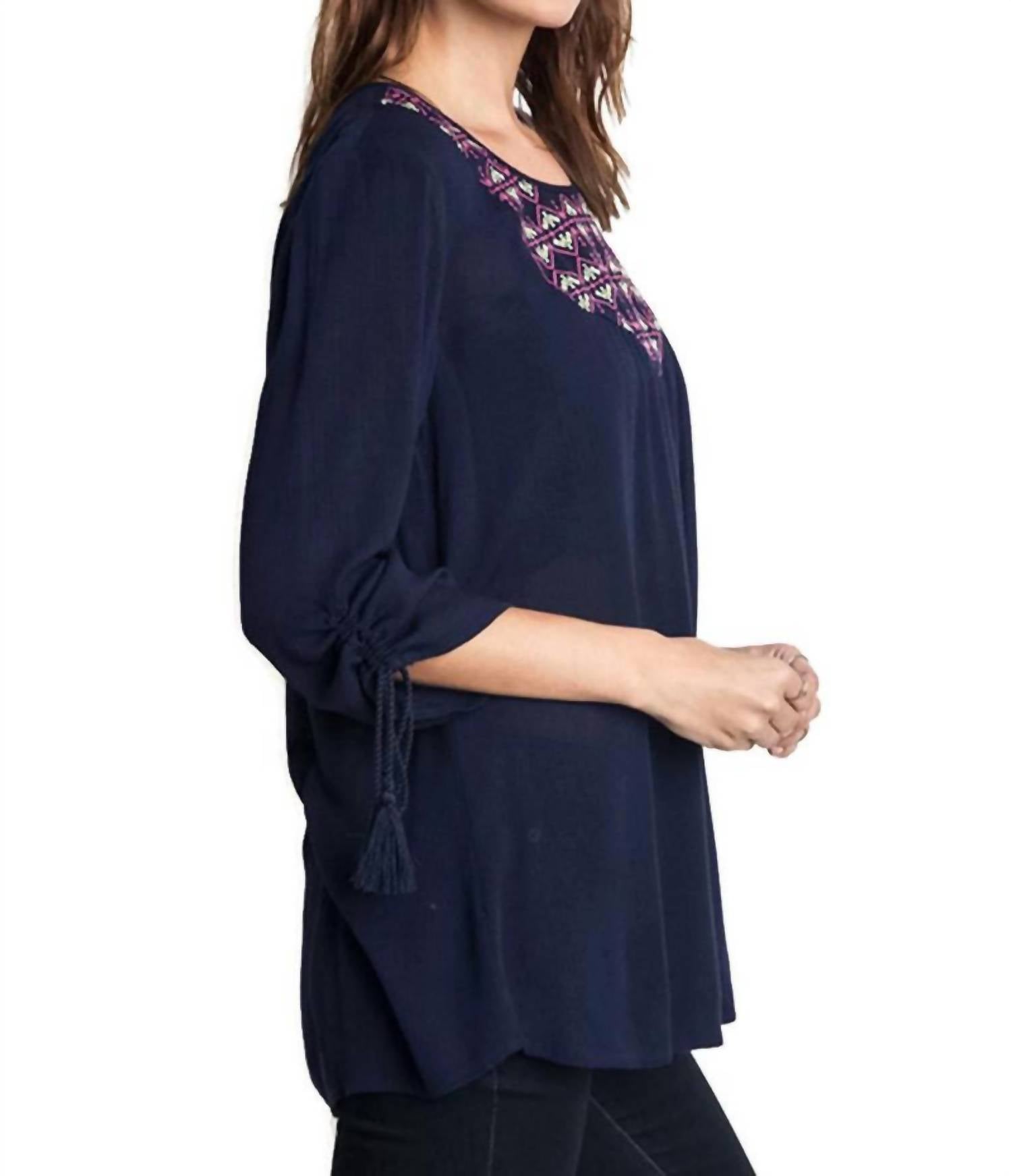 umgee Embroidered Baby Doll Top in navy - women's blouse