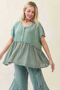J.Her - Mineral Washed Lace Babydoll Blouse Top