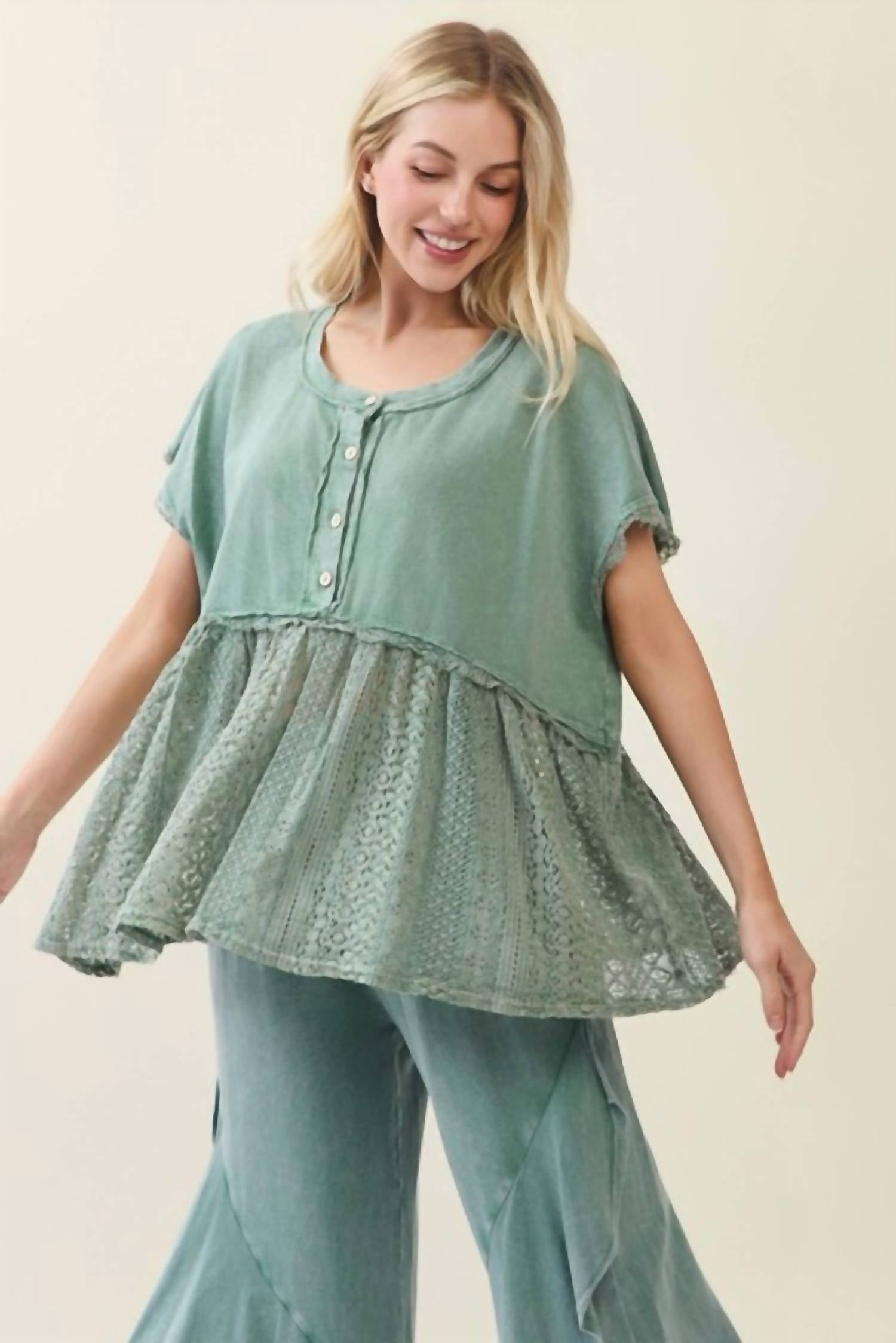 J.Her - Mineral Washed Lace Babydoll Blouse Top