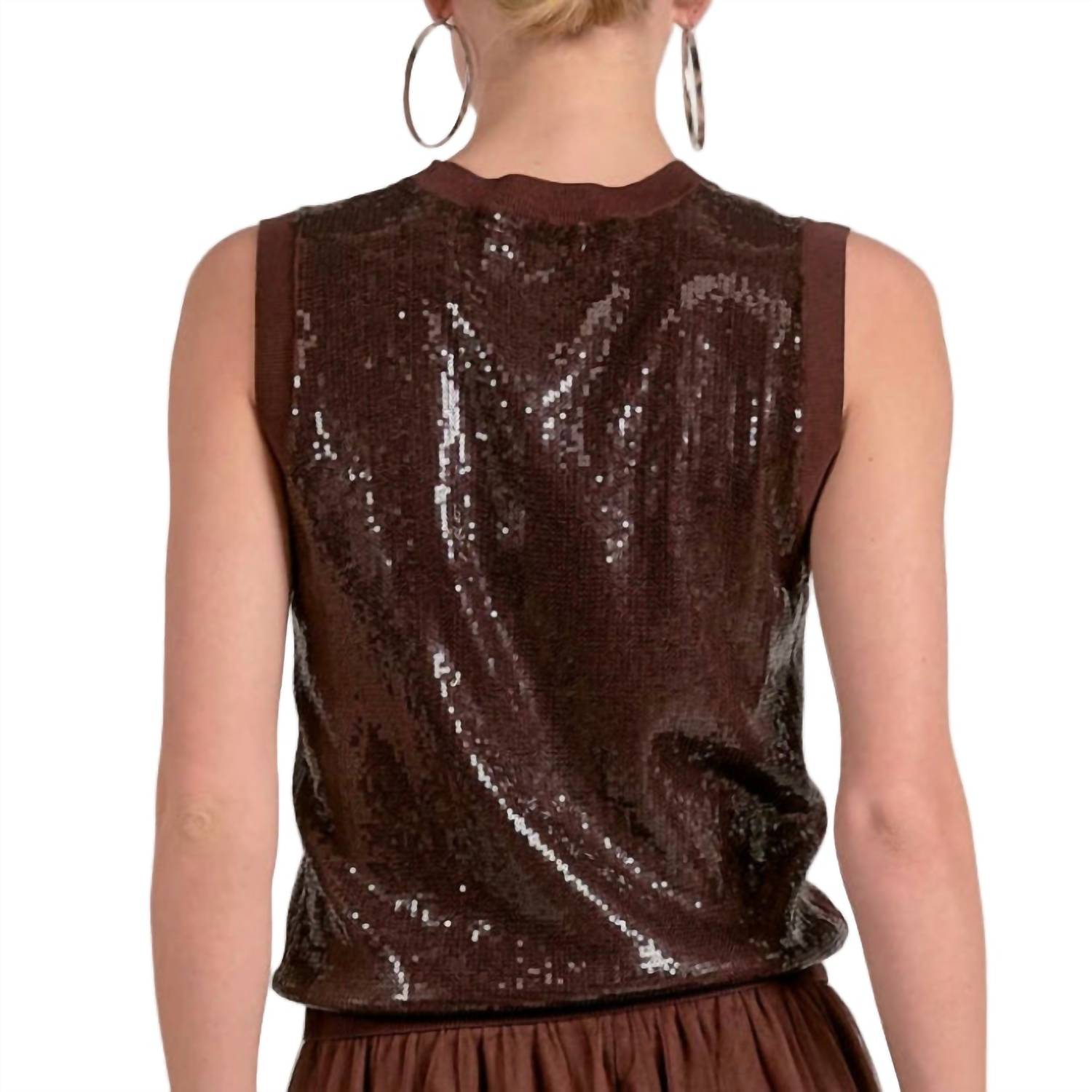 ELAN Sequins Sleeveless Top in chocolate - women's blouse - detail view
