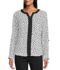 Multiples - Roll Tab Cuffed Long Sleeve Faux Zip Collar Top