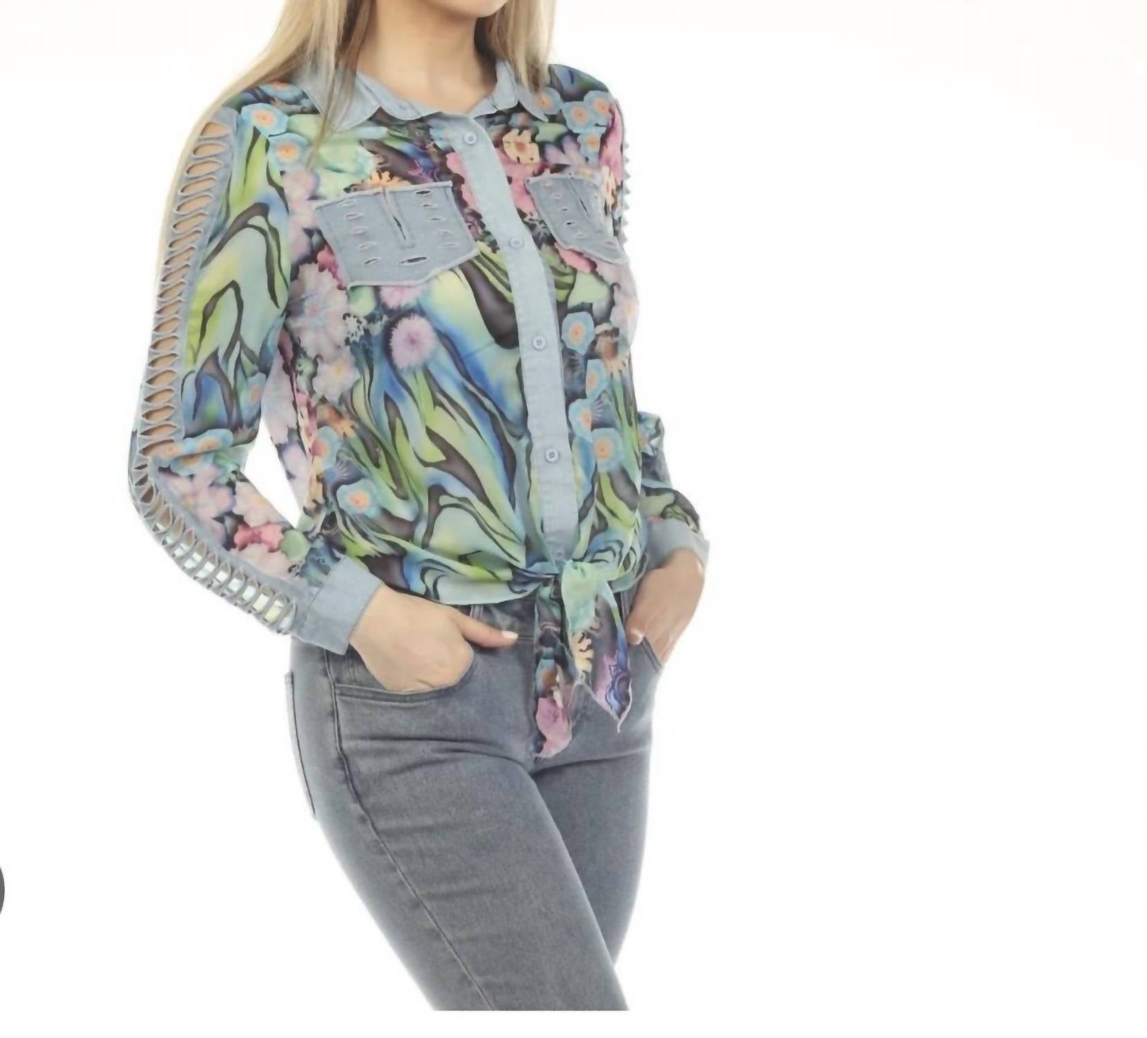 Azi - Denim floral blouse