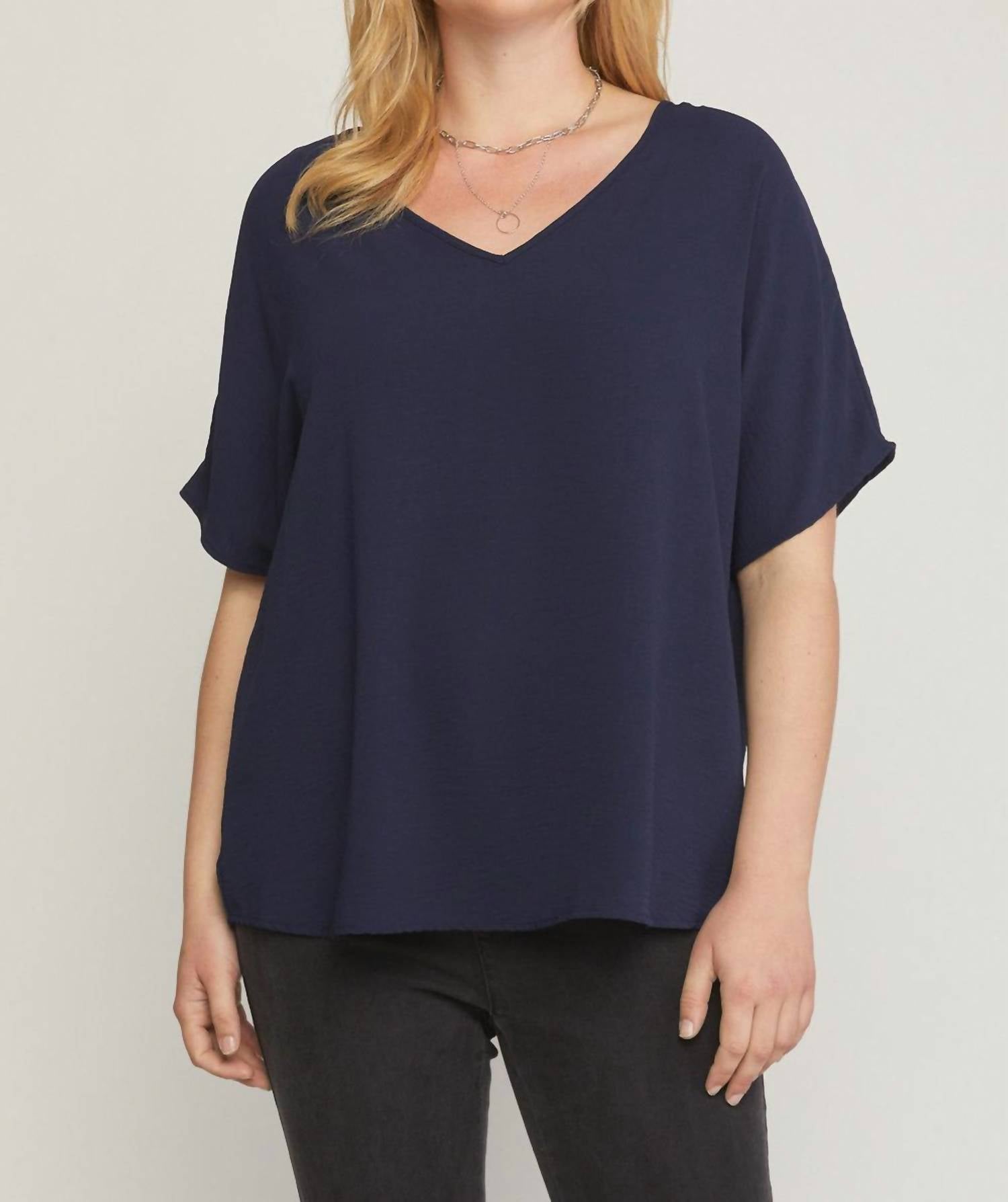 entro Solid V-neck Top in navy - women's blouse - view 6