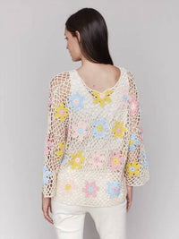 CHARLIE B Multi Floral Crochet Top in natural - women's sweater - alternate view