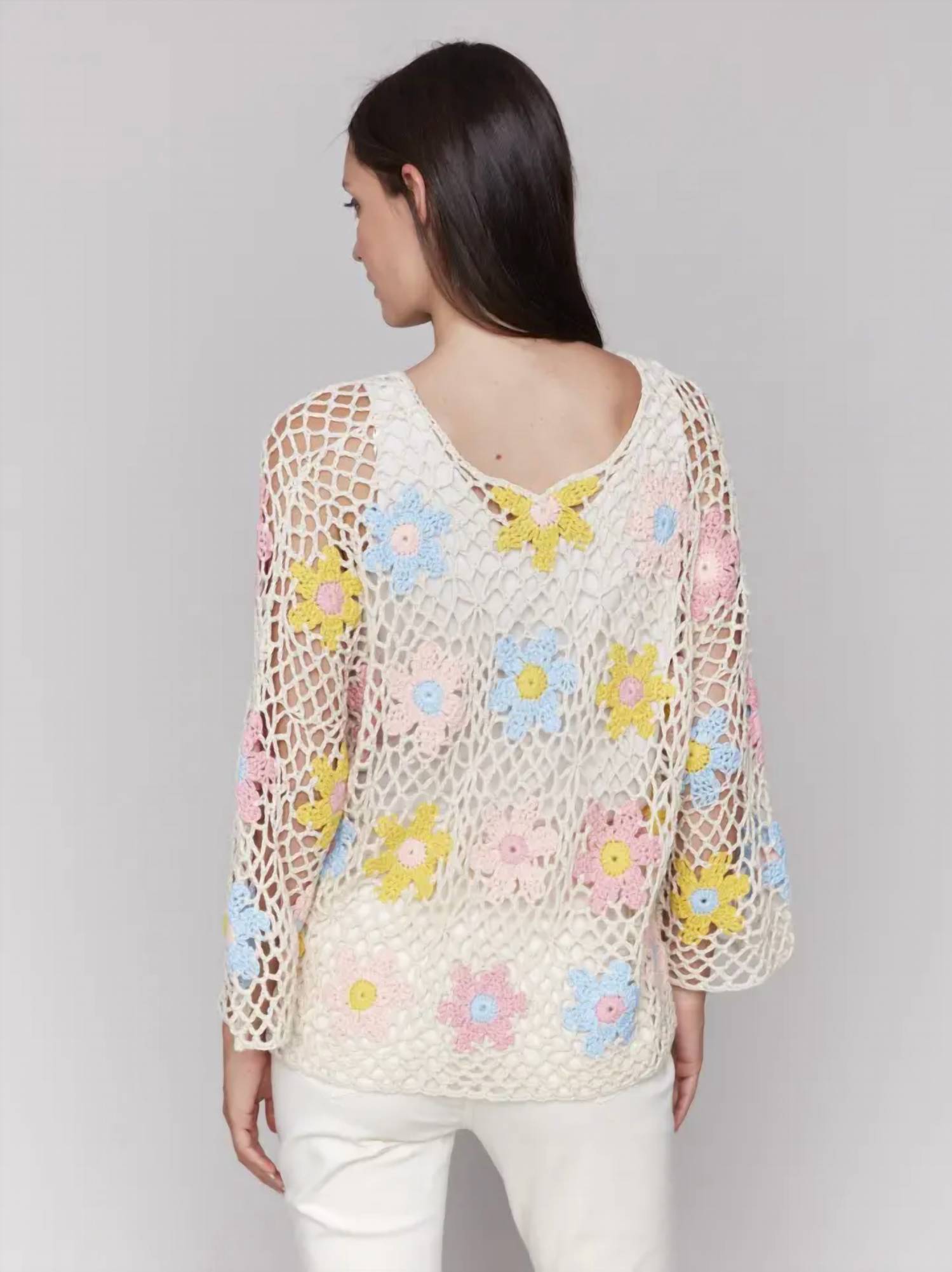 CHARLIE B Multi Floral Crochet Top in natural - women's sweater - alternate view