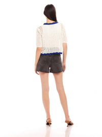 Fifteen Twenty Betsy Pointelle Jacquard Crochet Top in off white - women's blouse - detail view