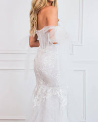 Cinderella Divine - Naomi Off Shoulder Bow Lace Bustier Mermaid Wedding Dress