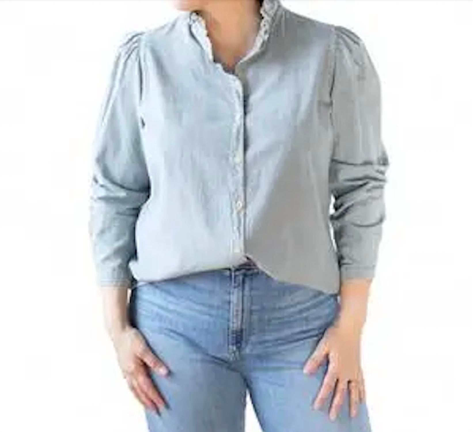 A SHIRT THING Peggy Denim Button Down Shirt in light wash - women's blouse - detail view
