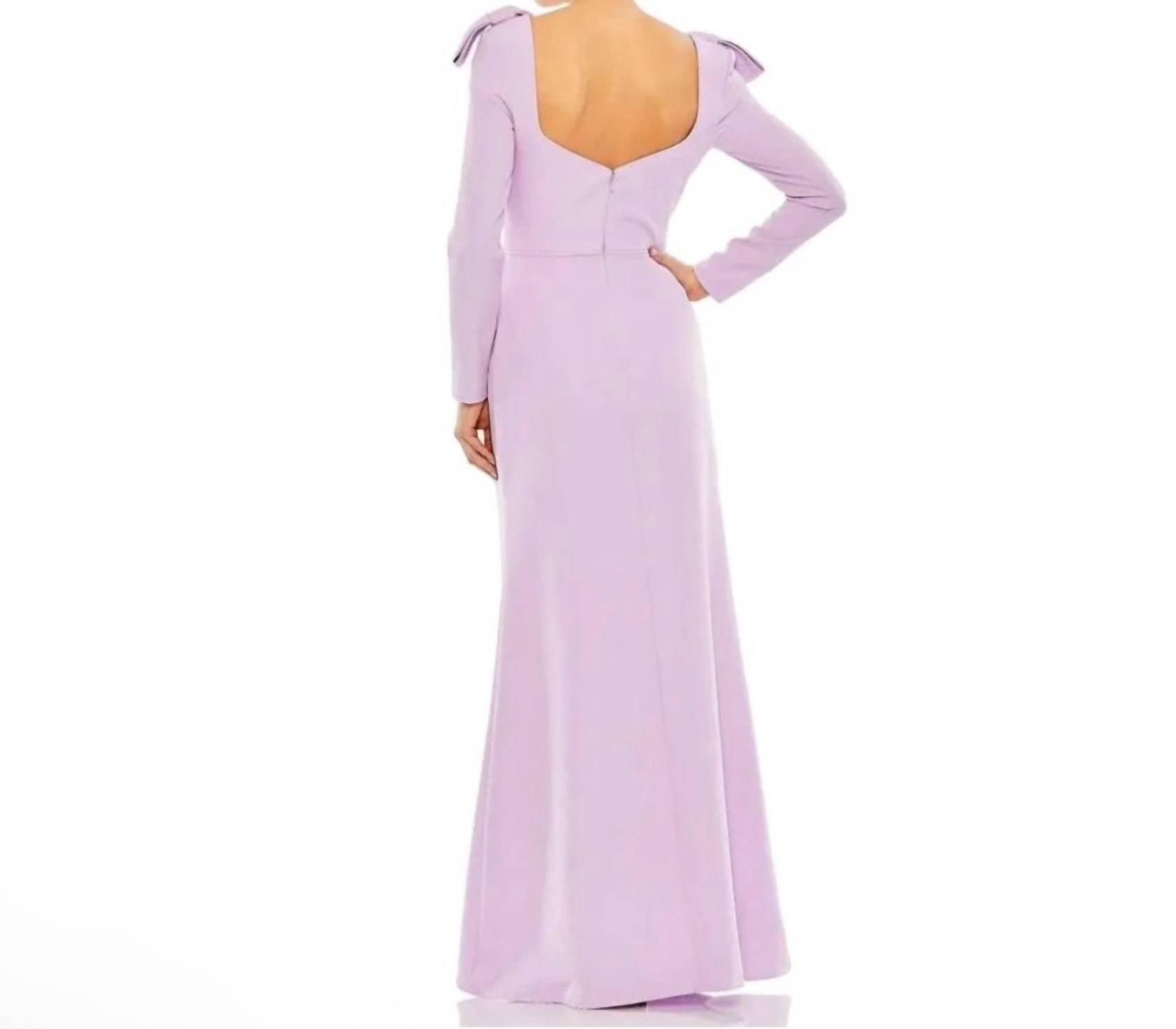 MAC DUGGAL Bow Shoulder Long Sleeve Gown in lilac - women's dress - detail view