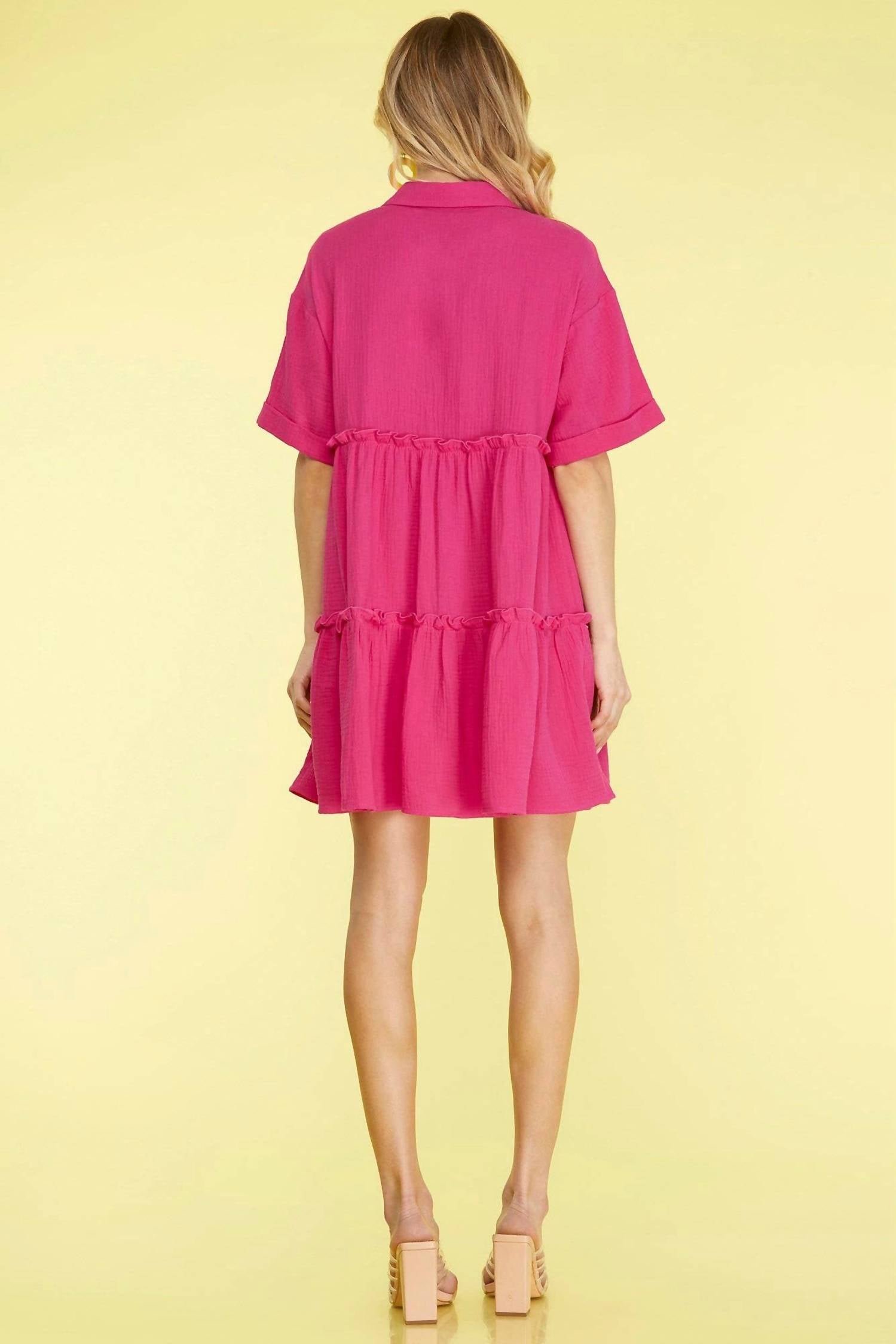 SHE + SKY HALF SLEEVE BUTTON DOWN COLLARED TIERED GAUZE DRESS in hot pink - women's dress - detail view