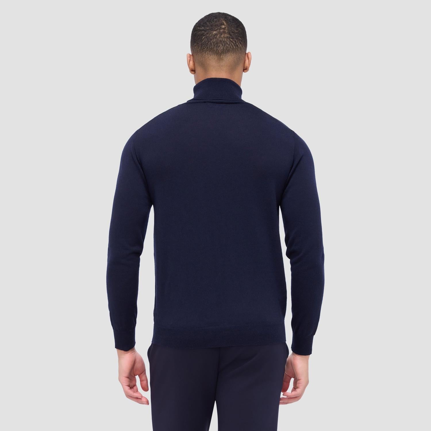 Bugatchi Uomo Super Merino Wool Turtleneck Sweater in midnight - men's sweater - detail view