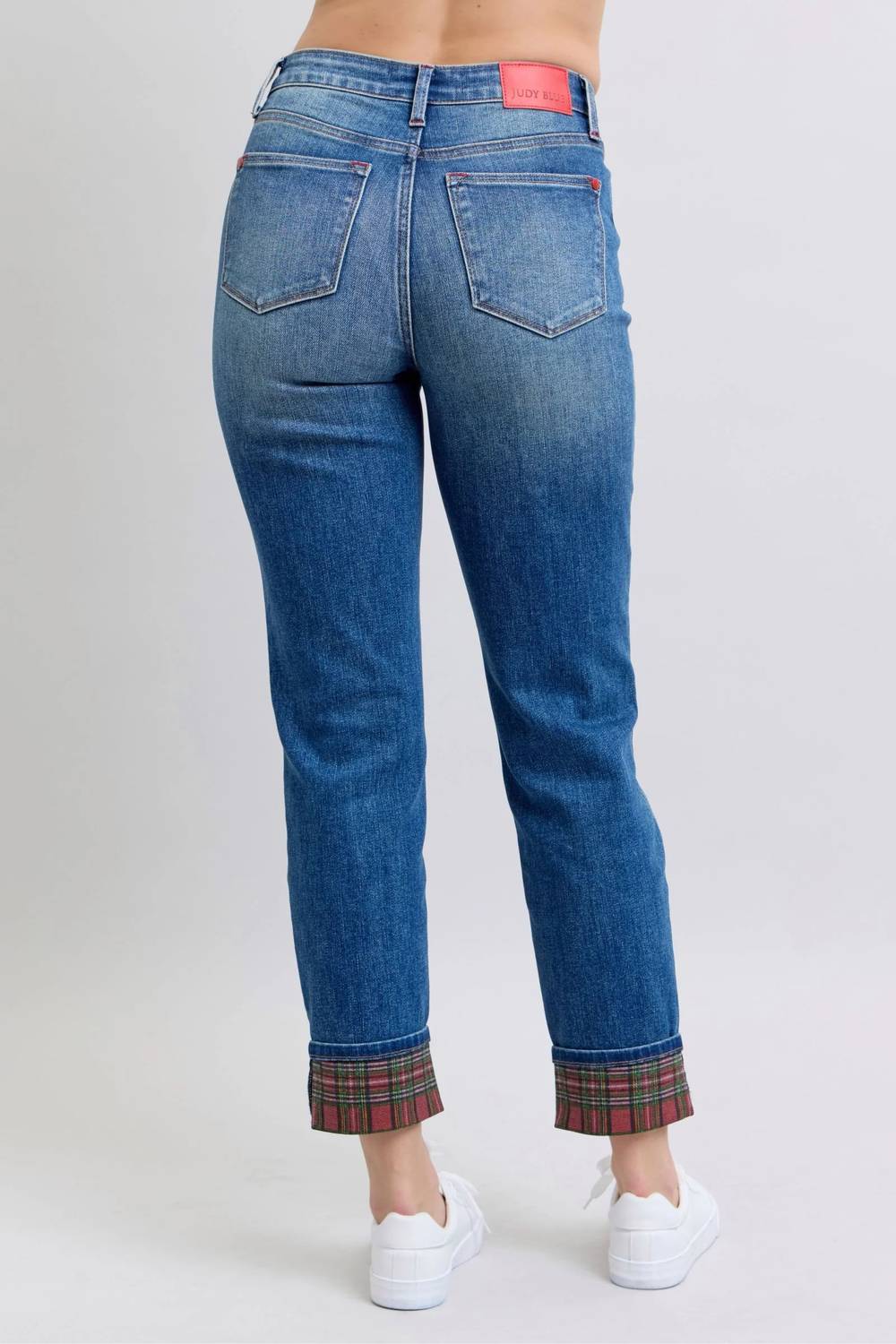Judy Blue - Mid Rise Plaid Print Cuff Boyfriend Jeans