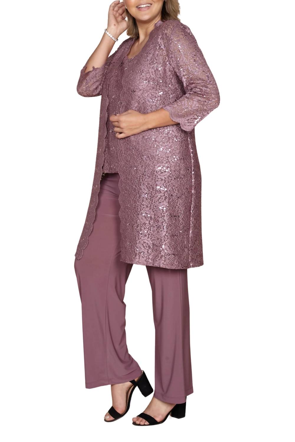 R&M Richards - Metallic Lace Tank Top And Pant Set With Sheer Lace Jacket