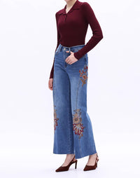 Bayeas High Rise Floral Embroidered Wide Leg Jeans in medium blue - women's jeans - view 4