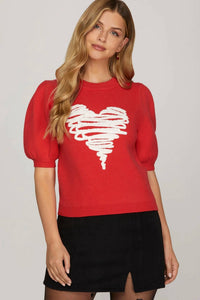 She + Sky - Heart Applique Short Sleeve Sweater