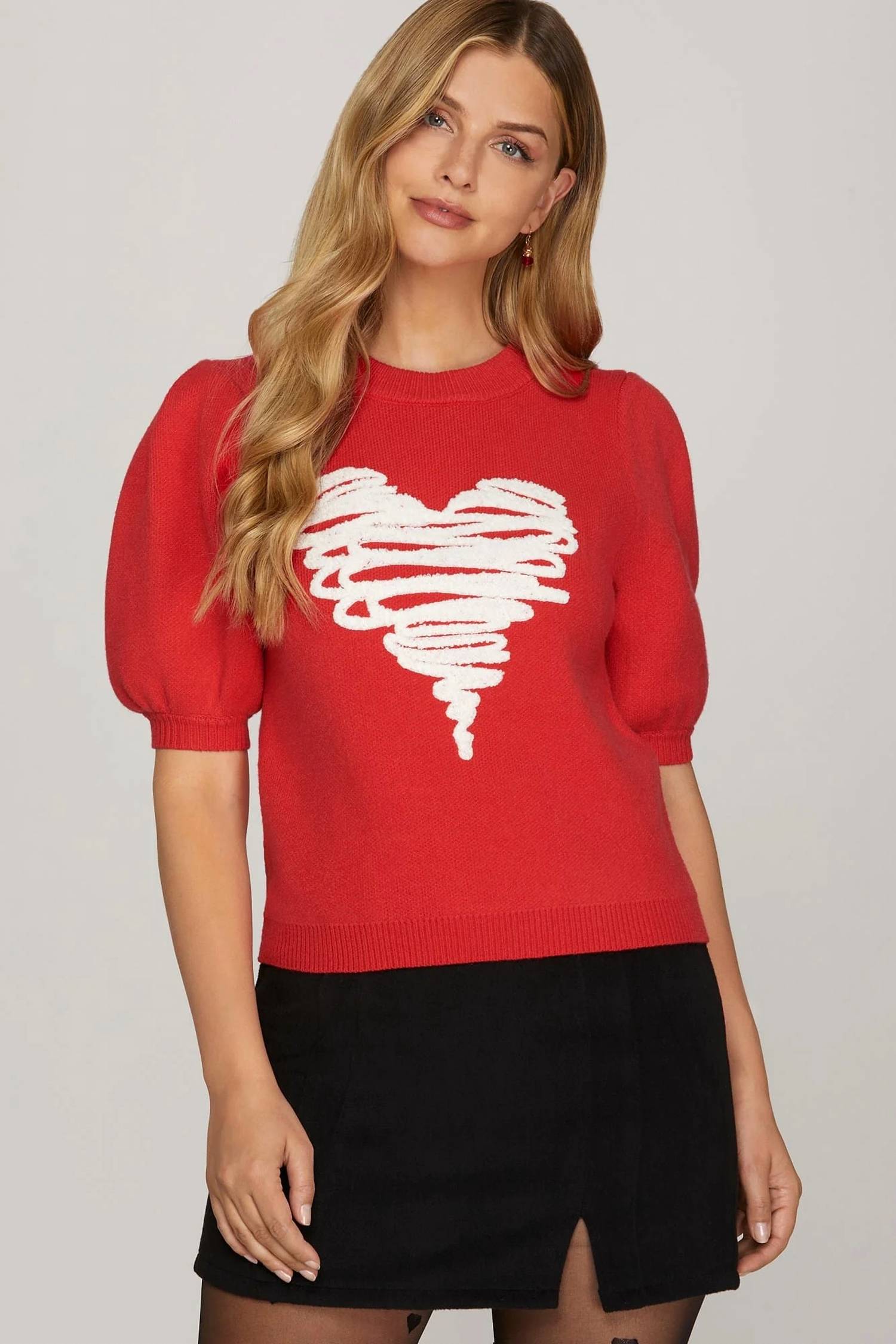 She + Sky - Heart Applique Short Sleeve Sweater