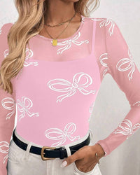 Shewin - Roundneck Bow Print Long Sleeve Mesh Top