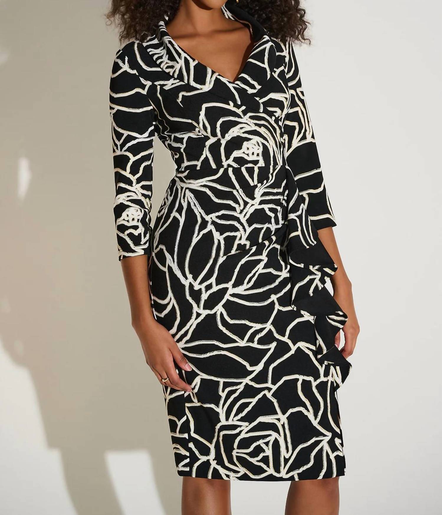 Joseph Ribkoff Floral Print Faux Wrap Sheath Dress in black vanilla - women's dress