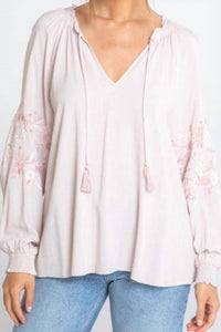 LOVESTITCH Women's Long Sleeve Linen Embroidered Peasant Top in blush rose - women's blouse